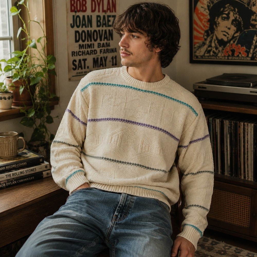 Vintage 90s The Fox Collection Sweater Cotton Textured Knit Striped USA Men's L